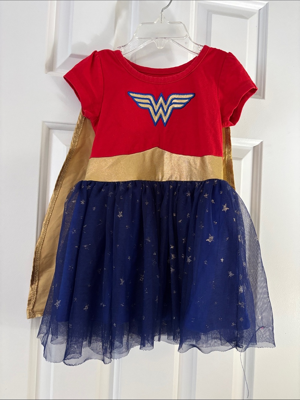 Girls Red, Gold & Navy Superhero Costume Dress with Cape